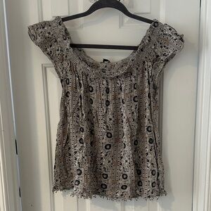 American Eagle Outfitters Taupe & Black Boho Smocked Off-Shoulder Top